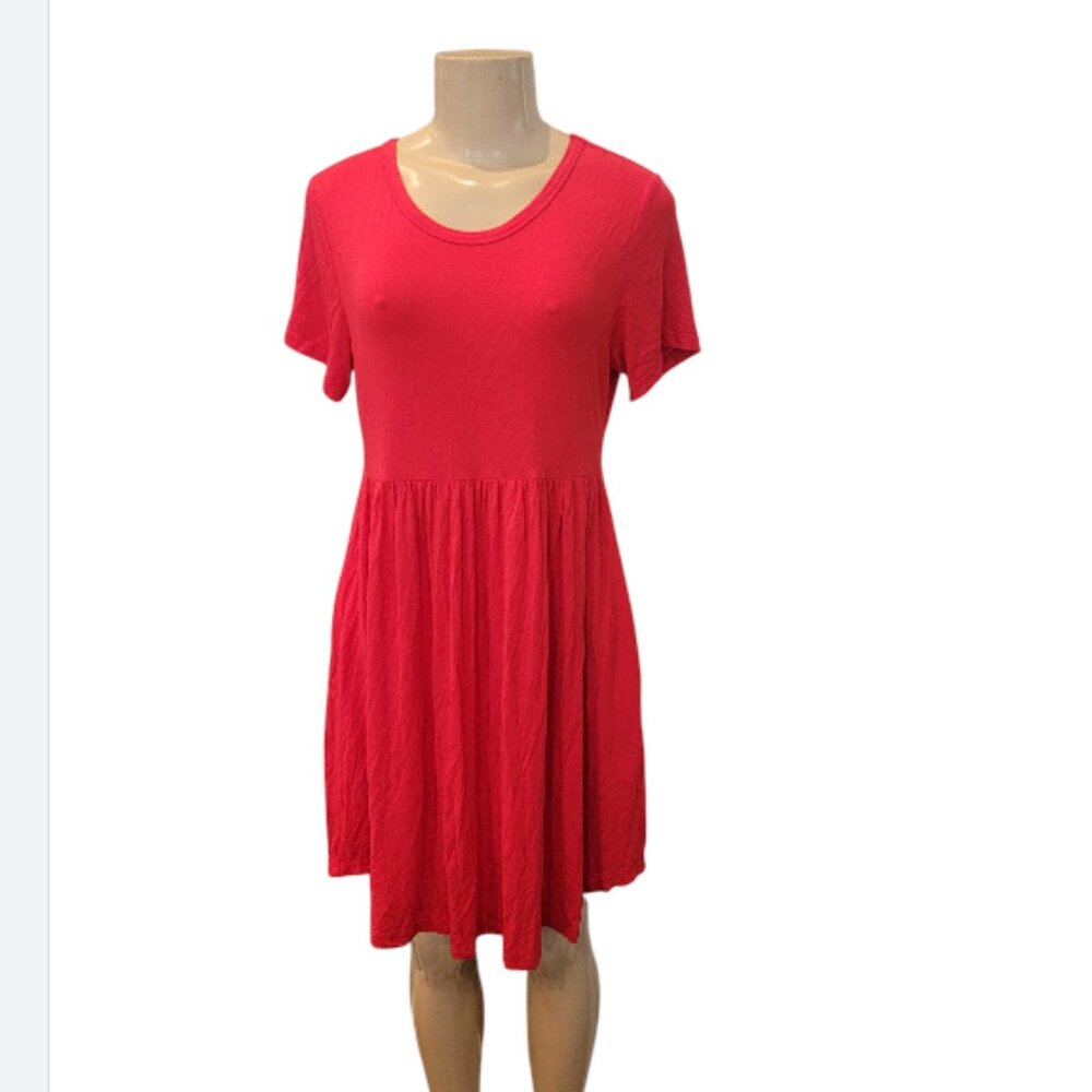 NWOT Short Sleeve Red Babydoll Midi Knee Length Dress w Pockets Longyuan